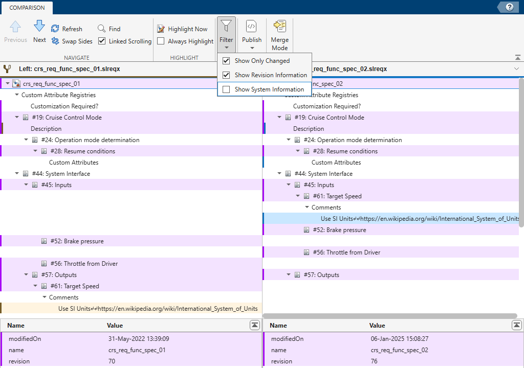 Comparison tool with Show Only Changed and Show Revision Information selected.