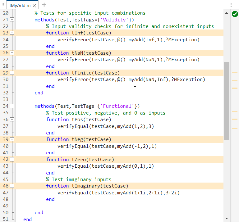 The tMyAdd test file lines 20-51 are shown, which includes the test methods block with the Validity tag and the test methods block with the Functional tag.