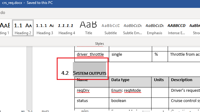 The Word document is on section 4.2, system outputs