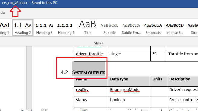 The Word document is on section 4.2, system outputs
