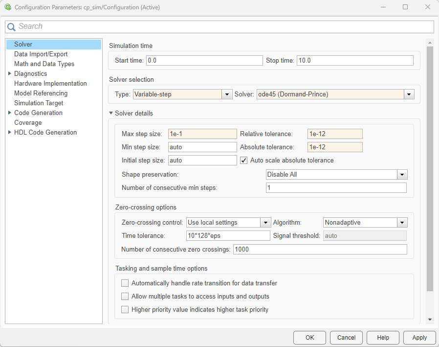 Solver pane of the Configuration Parameters dialog box where you specify the settings for the solver