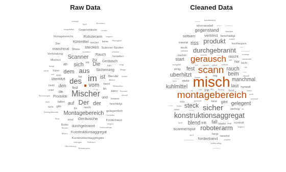 Figure contains objects of type wordcloud. The chart of type wordcloud has title Raw Data. The chart of type wordcloud has title Cleaned Data.
