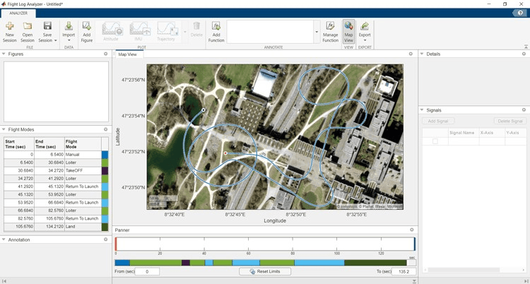 Flight Log Analyzer app showing satellite map with GPS flight path and Flight Modes table