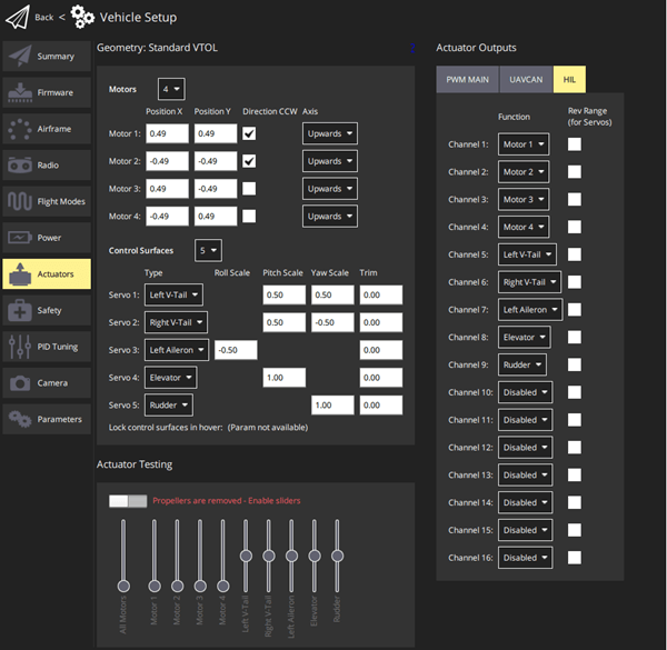 QGroundControl Vehicle Setup Actuators page showing motor geometry, control surfaces, and HIL actuator output channel assignments