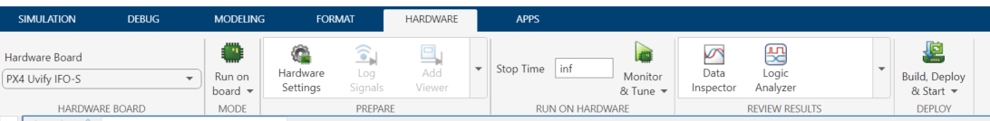 Simulink Hardware tab showing PX4 Uvify IFO-S board selection with Hardware Settings, Log Signals, and Build, Deploy & Start options