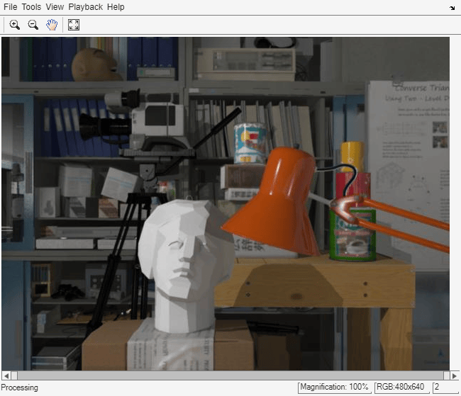Figure Video Player contains an axes object and other objects of type uigridlayout, uimenu, uitoolbar. The hidden axes object contains an object of type image.