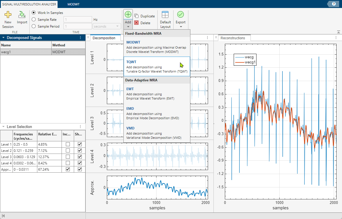 Signal Multiresolution Analyzer app, showing the dropdown list of decomposition methods.