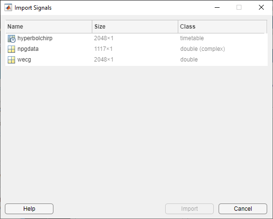List of workspace variables in a window with the title Imort Signals.