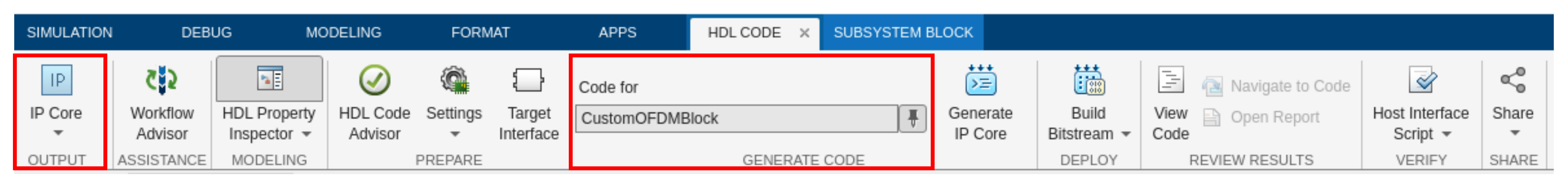 HDL Code tab in Simulink toolstrip