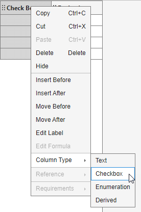 The context menu that displays after clicking the right side of the column label. The cursor points to the Checkbox option.