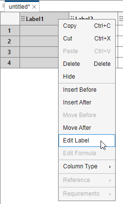 The context menu that displays after right-clicking the column label. The cursor points to the Edit Label option.