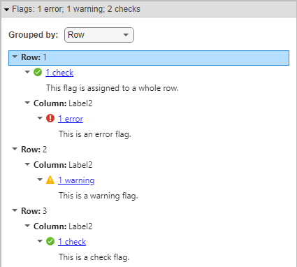 The Spreadsheet tab in a Safety Analysis Manager spreadsheet that contains three flags in cells, and one flag in a row. Each flag has a description just below the link.