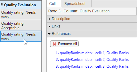 The Properties pane is to the right of three cells. The Cursor points to the first cell and has clicked it,. The cell is blue. The pane to the right has the References section expanded. The section shows three references. Above the references is a button with a red X that says Remove All.