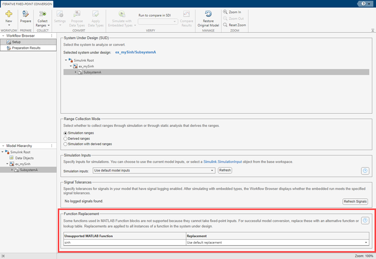 The Fixed-Point Tool is open to the Setup pane of the Iterative Fixed-Point Conversion workflow. The Function Replacement section is highlighted and the table lists sinh as an unupported MATLAB function in the system under design.