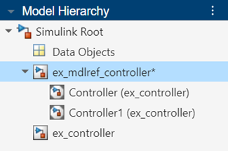 Model Hierarchy pane in the Fixed-Point Tool displaying the model hierarchy for ex_mdlref_controller with two instances of the referenced model ex_controller.