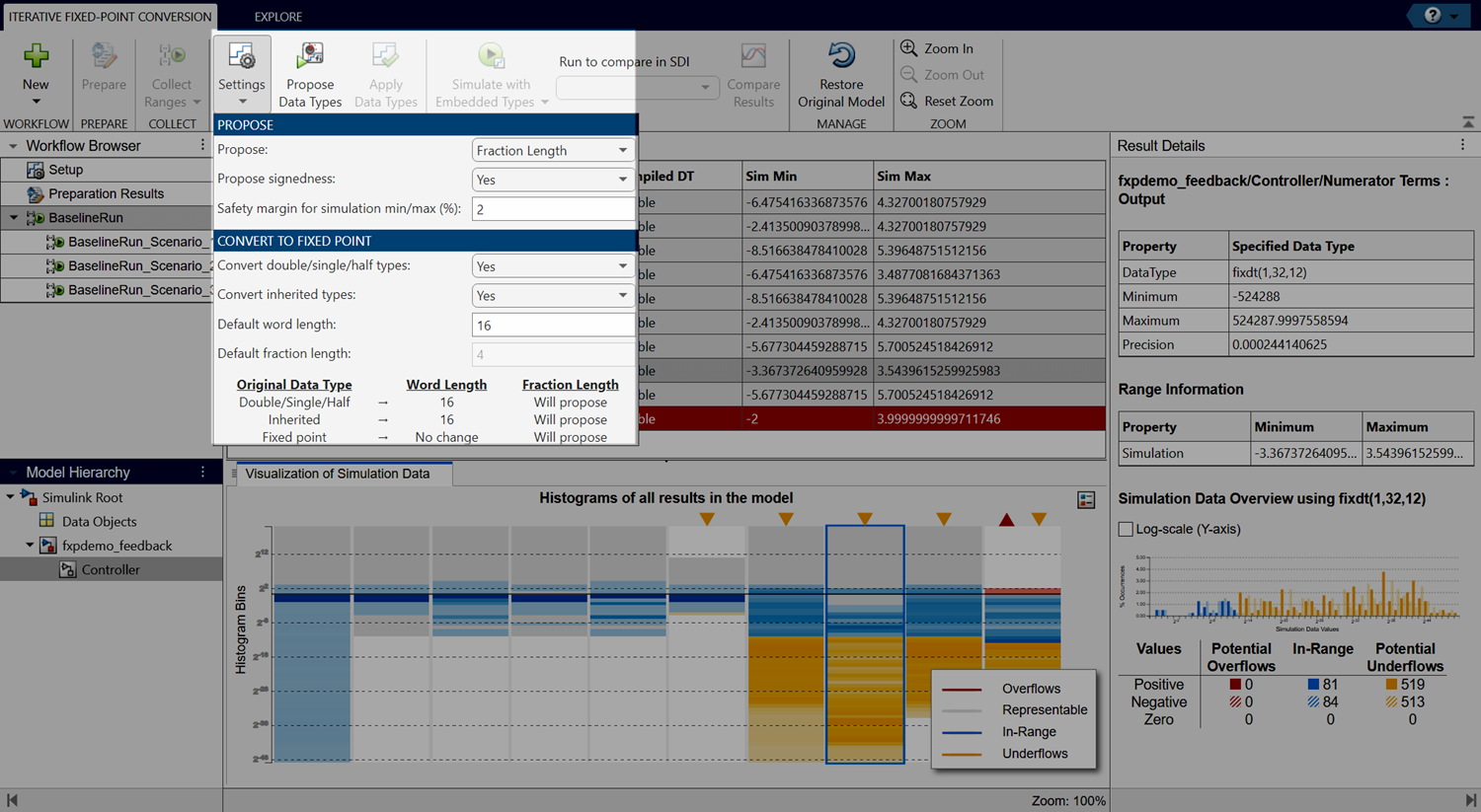 View of the Fixed-Point Tool after collecting ranges. The Settings menu is expanded and highlighted.