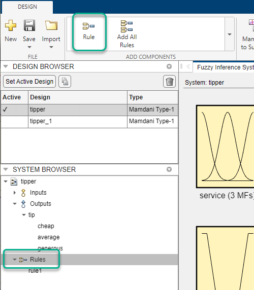 App toolstrip with the Rule option highlighted as the first option in the Add Components gallery