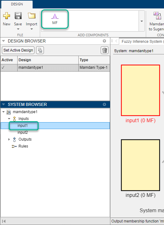 App with the first input selected in the System Browser and the MF option highlighted in the toolstrip gallery