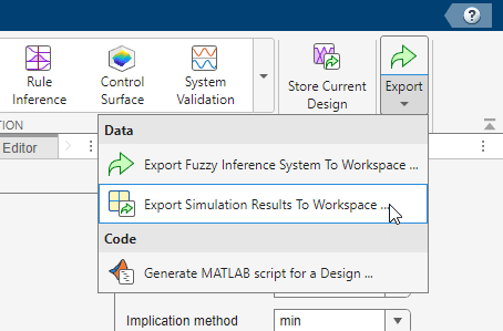 App toolstrip showing the Export Simulation Results to Workspace selection in the Export drop-down menu on the far right side of the toolstrip.