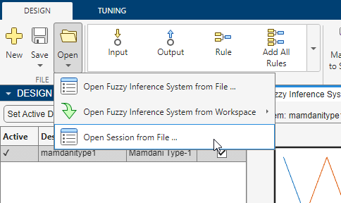 On the left side of the app toolstrip, in the File section, the pointer is over the Open Session from File selection in the Open menu.