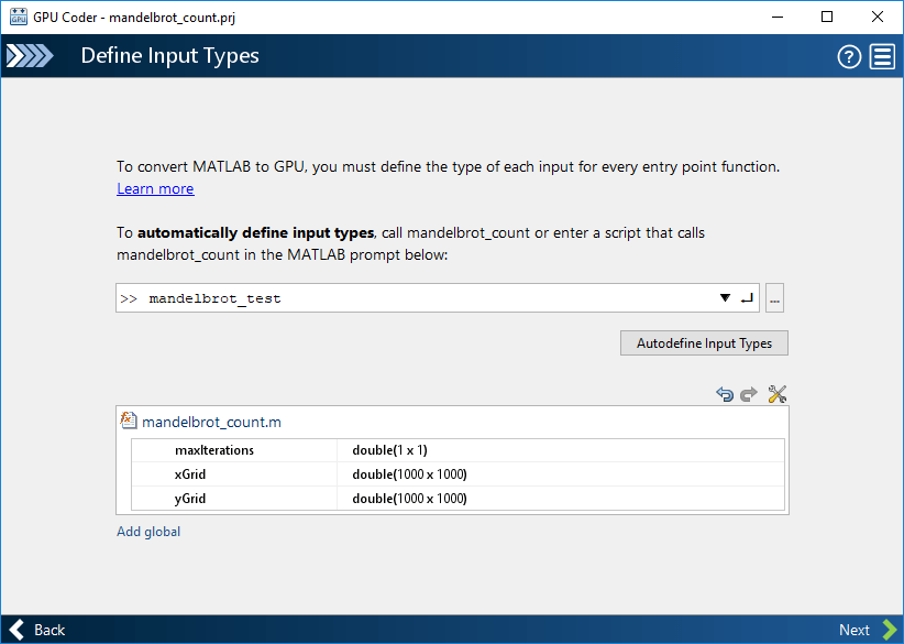 Define input types window of the GPU Coder app