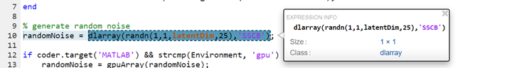 Screen shot of sample report generator showing dlarray size as 1-by-1