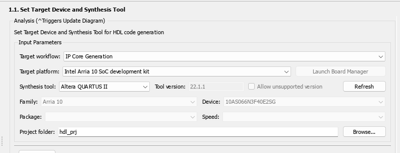 Set Intel Arria 10 Target Platform