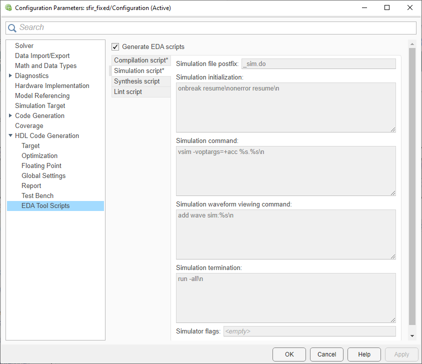 EDA Tools Simulation Script Options