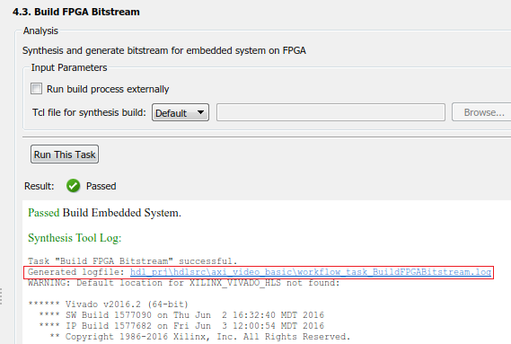 Generated logfile from Build FPGA Bitstream pane.