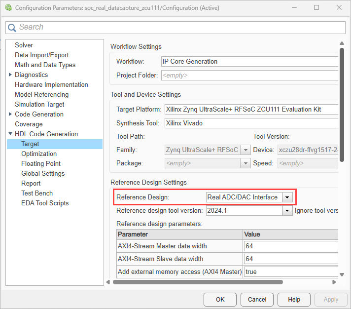 Configuration Parameters dialog box open on the HDL Code Generation > Target tab, with the Reference Design parameter highlighted in the right pane.