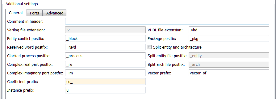 General tab under Global Settings in the Generate HDL tool