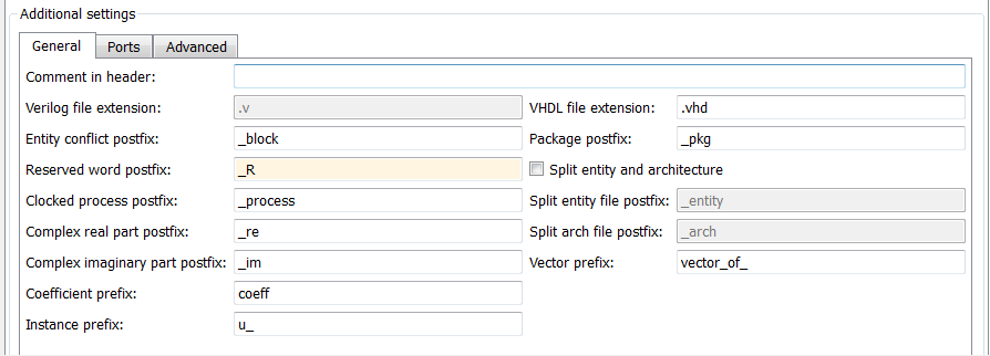 General tab under Global Settings in the Generate HDL tool