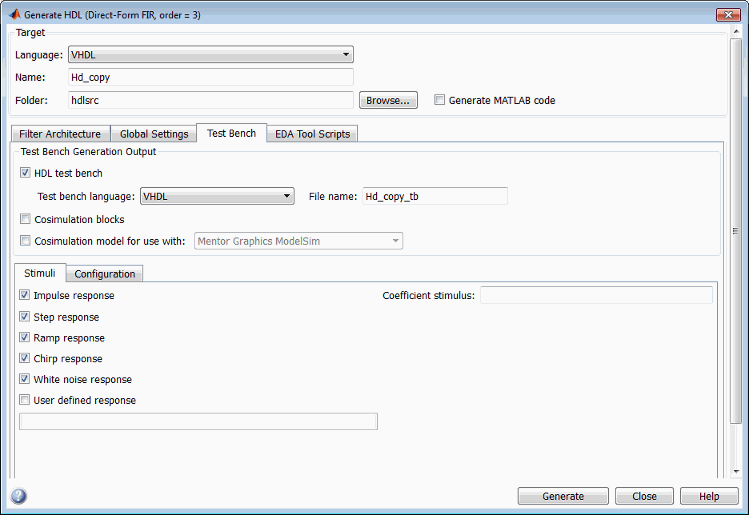 Test Bench tab of the Generate HDL tool