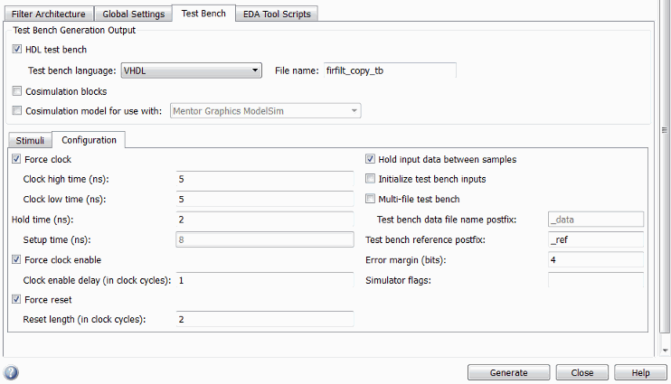 Test Bench tab of Generate HDL tool