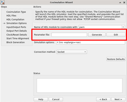 Cosimulation Wizard open on "Simulation Options" pane, with the Parameter File selection highlighted.