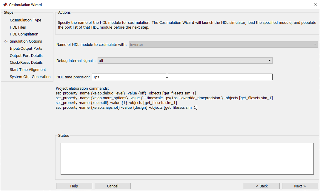 The cosimulation wizard open on the Simulation Options pane, configured for Vivado simulator.