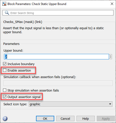 Block mask for Check Static Upper Bound block, showing that the Enable assertion parameter is cleared, and the Output assertion signal parameter is selected.