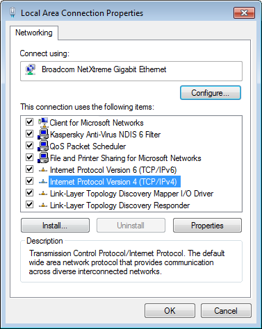 Local Area Connection Properties, with "Internet Protocol Version 4" highlighted.