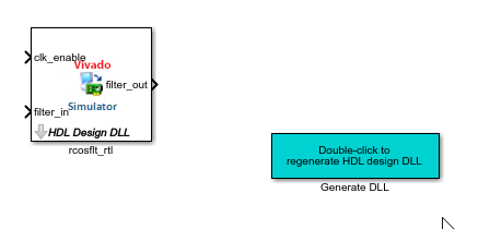 Simulink canvas with a Vivado Cosimulation block, and another block labeled "Generate DLL".