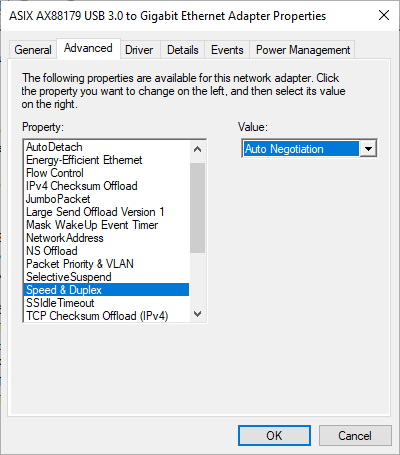 Gigabit Ethernet Adapter Properties window with Speed & Duplex selected in Advanced tab