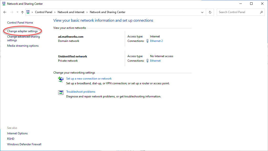 Network and Sharing Center window with Change adapter settings highlighted