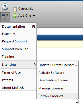 MATLAB ribbon navigation showing Help pull down option Licensing and Licensing option Borrow Products