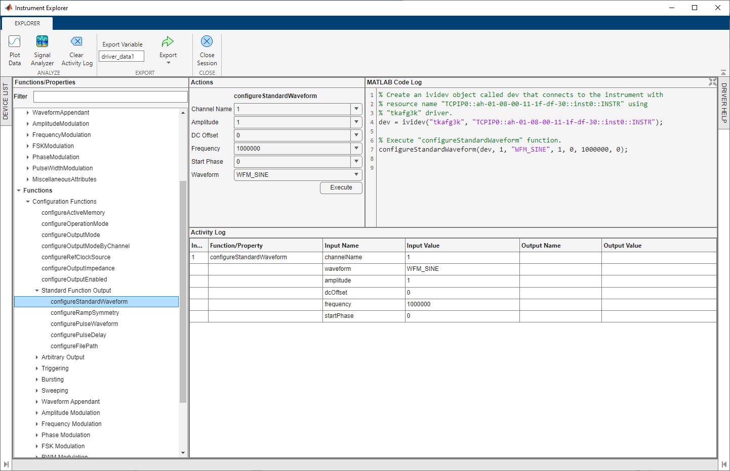 Configured device in instrument explorer