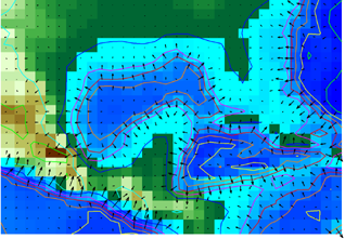 Contour elevation lines and quiver plots over topographic map of the Gulf of Mexico