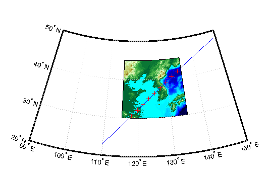 An elevation map. A quadrangle within the map contains elevation data. A track through the map uses red cross markers to indicate track points that are within the quadrangle.