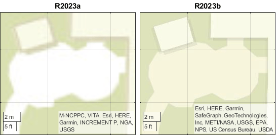 Comparison of basemaps in R2023a and R2023b. The basemap in R2023b shows crisper lines than the basemap in R2023a.