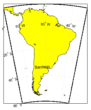 Map of South America containing a text label for Santiago. The text is rotated slightly to match the curvature of the graticule.