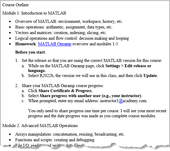 Sample syllabus containing instructions to share MATLAB Onramp progress