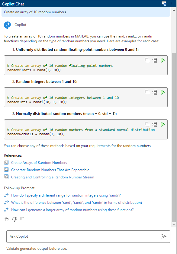 Copilot Chat panel, showing the Copilot response to the prompt "Create an array of 10 random numbers." The response includes an explanation of several ways to create the array along with generated code, links to MATLAB documentation, and clickable follow-up prompts.