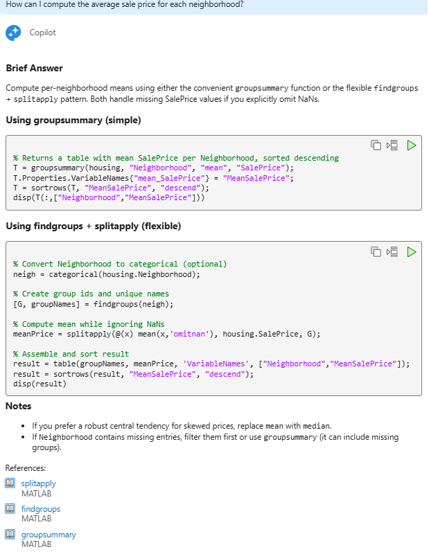 Copilot Chat response suggesting the groupsummary function or the findgroups and splitapply functions for computing averages by neighborhood